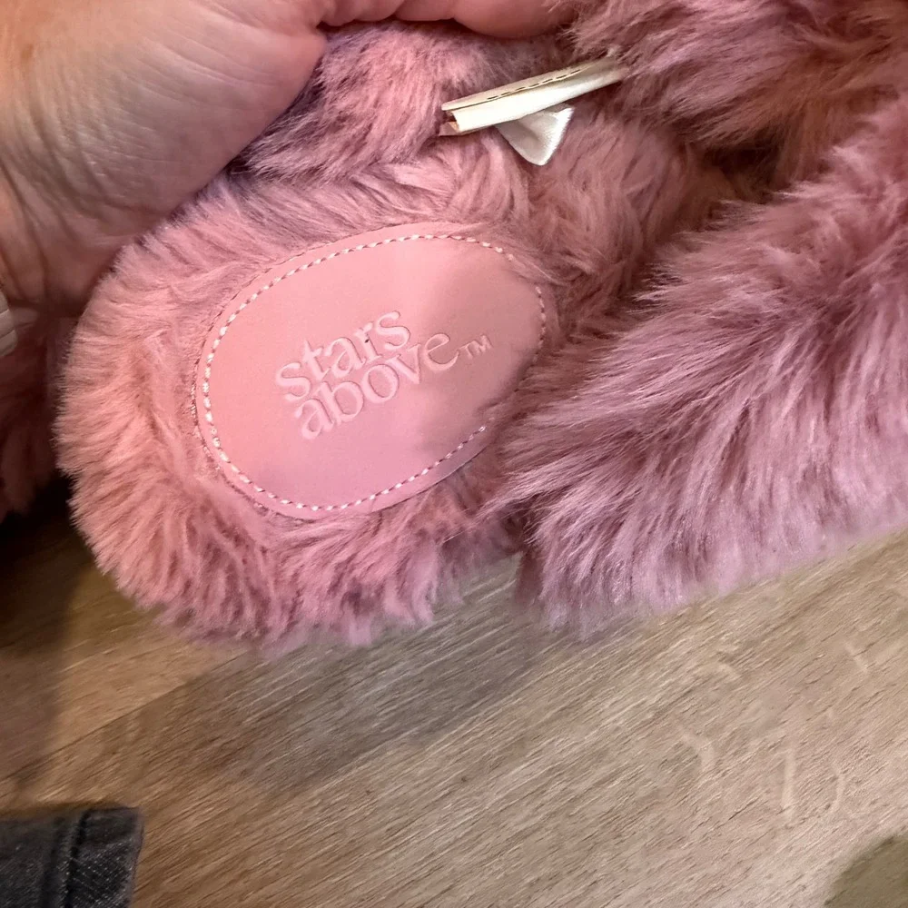 Stars Above Slippers Kids S 5/6 Pink Faux Fur Crisscross Open Toe Slide Shoes